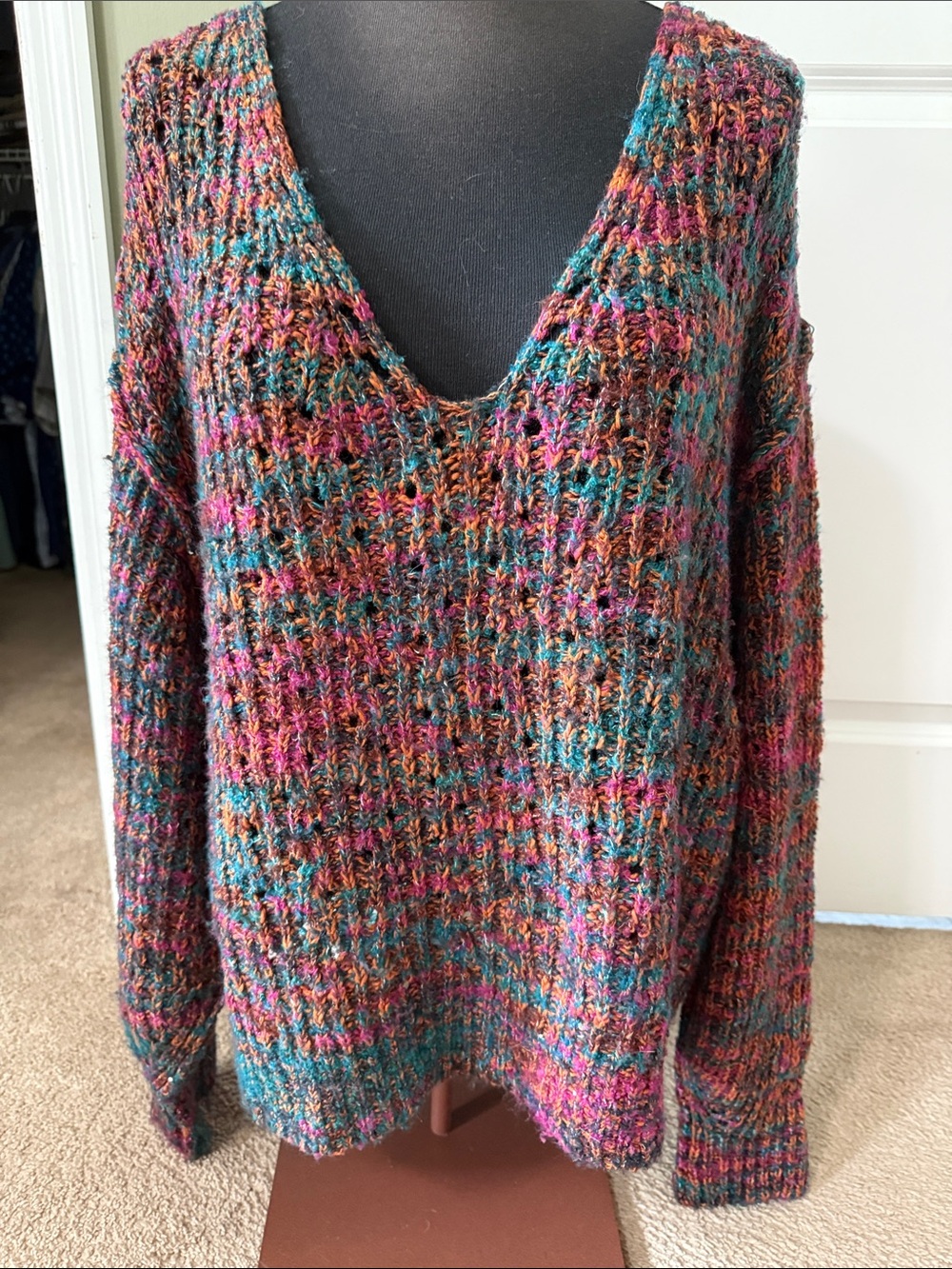 Free People Multicolor V-Neck Chunky Knit Space Dye Boho Oversized Sweater